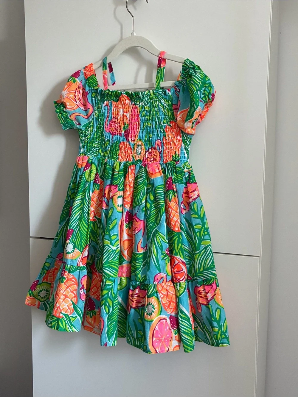 Girls' Tropical Green Pink and Orange Smocked Sundress Size 7